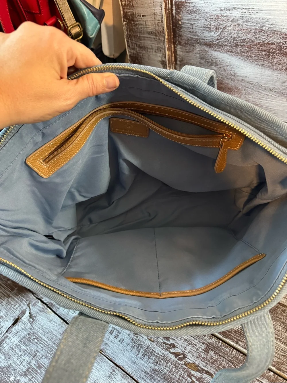 Nanette Lepore Light Blue Canvas Shoulder Tote with Gold Emblem
